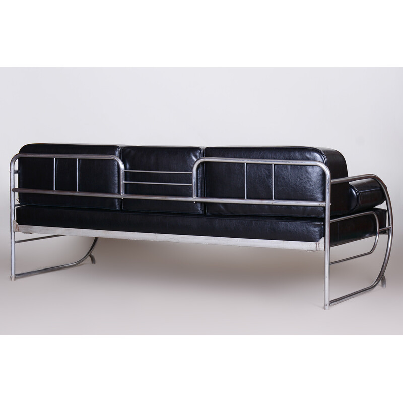 Vintage Bauhaus sofa in black leather and tubular chrome by Robert Slezák, Czechoslovakia 1930