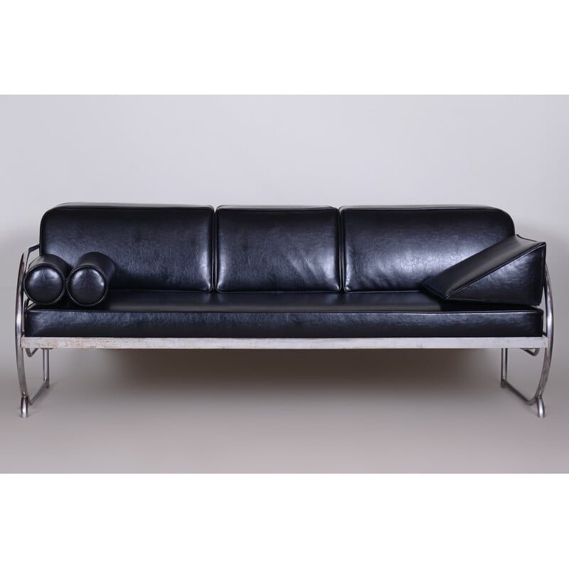 Vintage Bauhaus sofa in black leather and tubular chrome by Robert Slezák, Czechoslovakia 1930