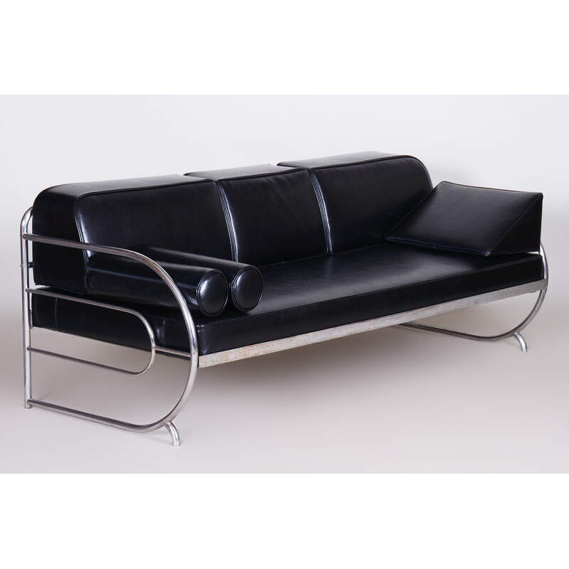 Vintage Bauhaus sofa in black leather and tubular chrome by Robert Slezák, Czechoslovakia 1930