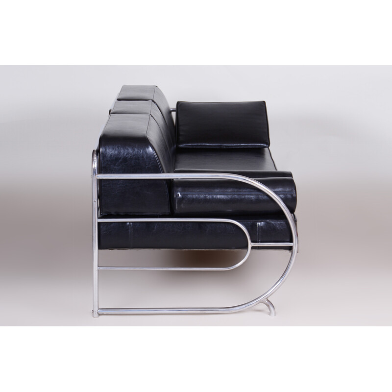 Vintage Bauhaus sofa in black leather and tubular chrome by Robert Slezák, Czechoslovakia 1930