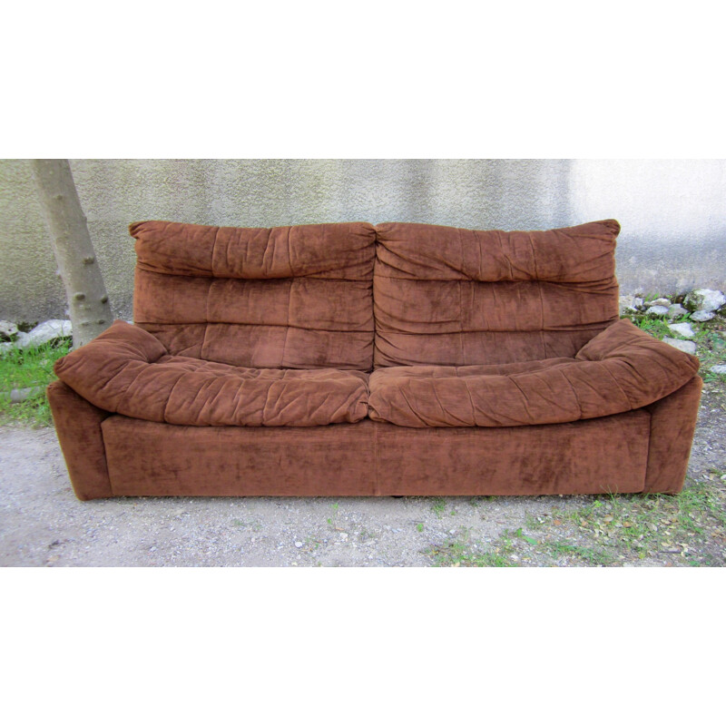 Set of Ligne Roset sofa and armchair in brown velvet - 1970s