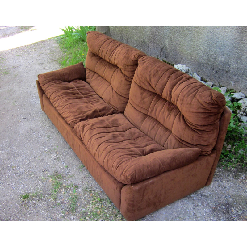 Set of Ligne Roset sofa and armchair in brown velvet - 1970s