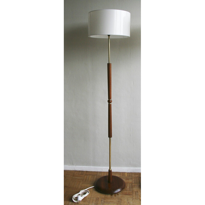 Floor lamp in teak and brass with a new lampshade - 1960s