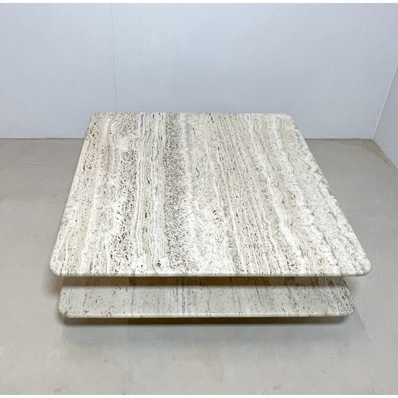 Mid-century square 2-tier coffee table in travertine, Italy 1970s