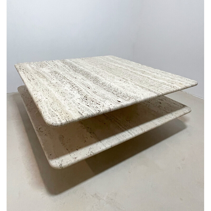Mid-century square 2-tier coffee table in travertine, Italy 1970s