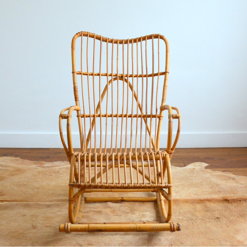 Vintage rattan rocking chair by Rohe Noordwolde, 1950-1960