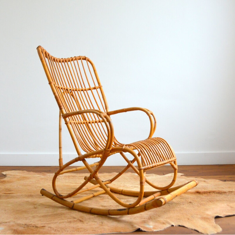 Vintage rattan rocking chair by Rohe Noordwolde, 1950-1960