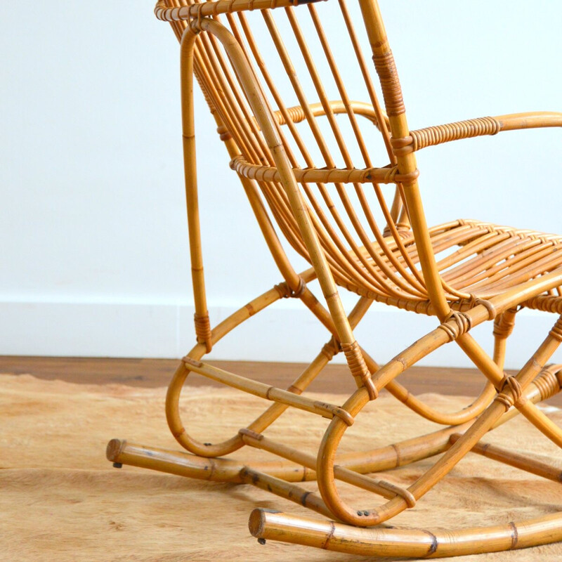 Vintage rattan rocking chair by Rohe Noordwolde, 1950-1960