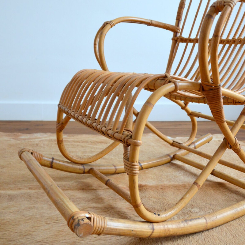 Vintage rattan rocking chair by Rohe Noordwolde, 1950-1960