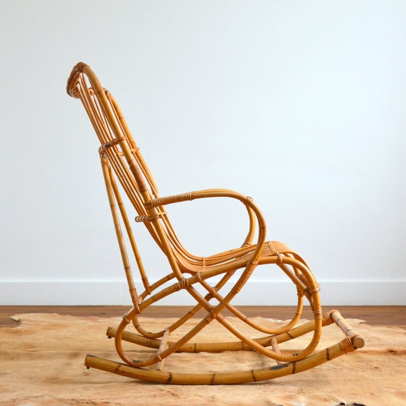 Vintage rattan rocking chair by Rohe Noordwolde, 1950-1960