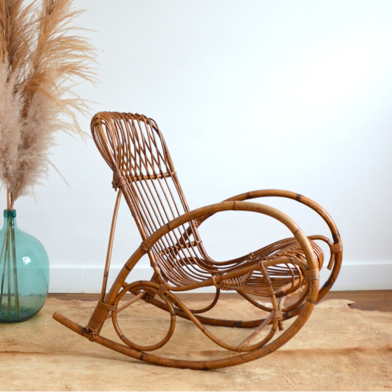 Vintage rattan rocking chair by Rohe Noordwolde, 1950-1960