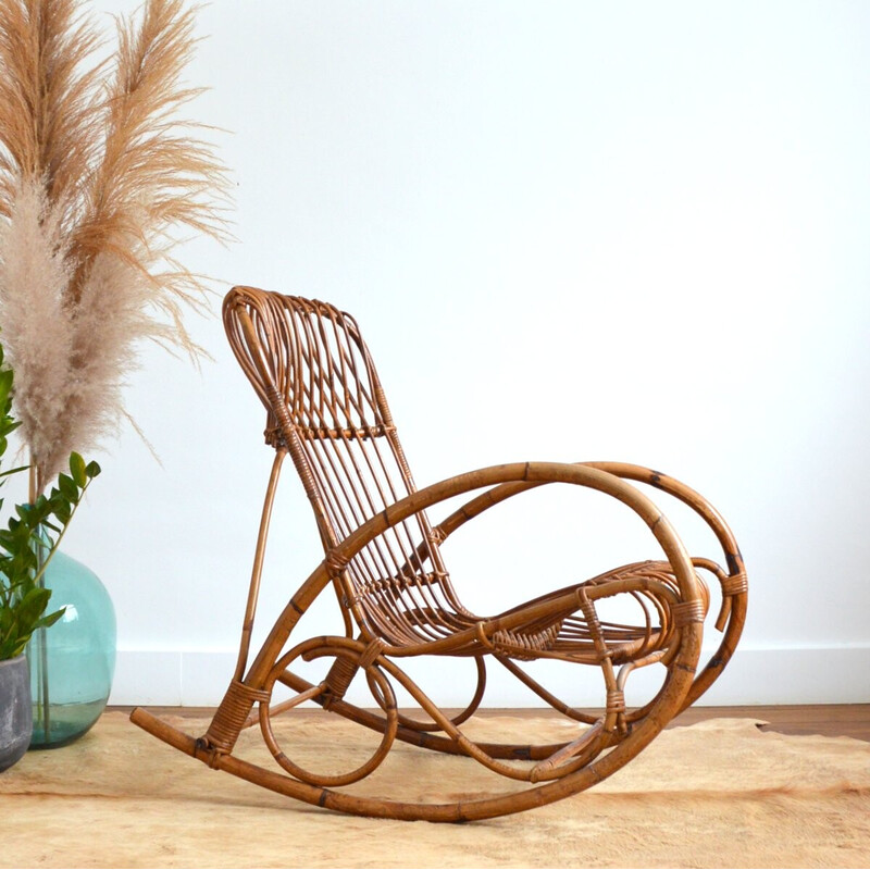 Vintage rattan rocking chair by Rohe Noordwolde, 1950-1960