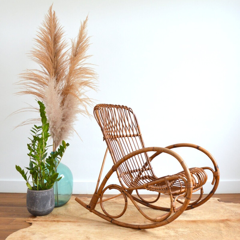 Vintage rattan rocking chair by Rohe Noordwolde, 1950-1960