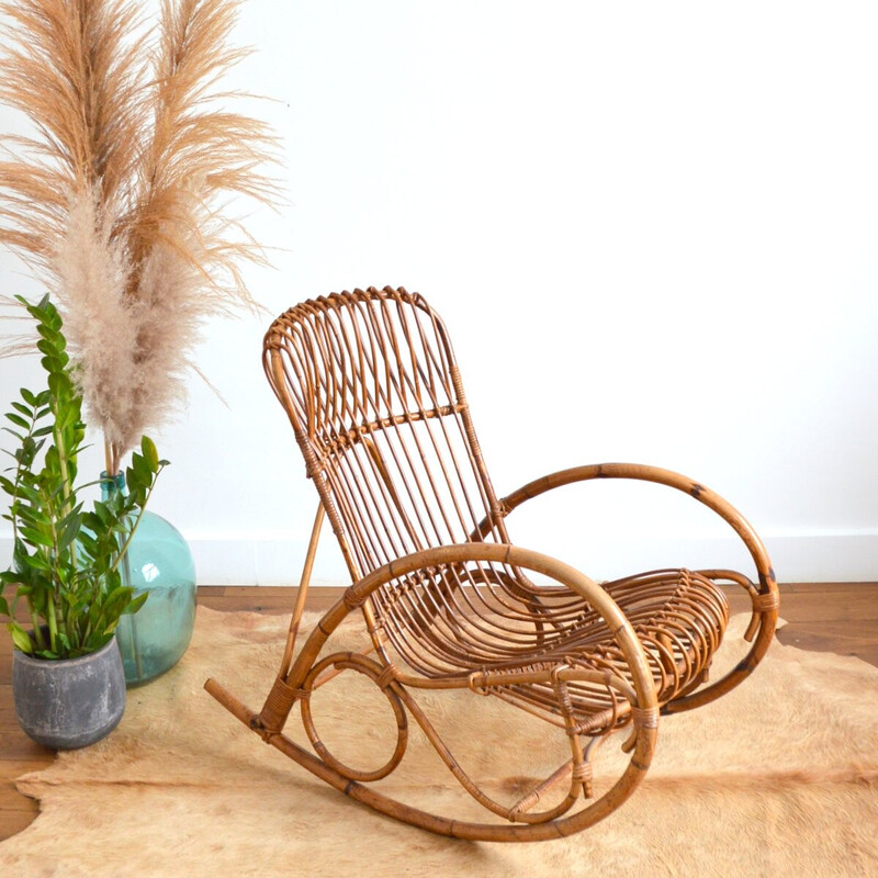 Vintage rattan rocking chair by Rohe Noordwolde, 1950-1960