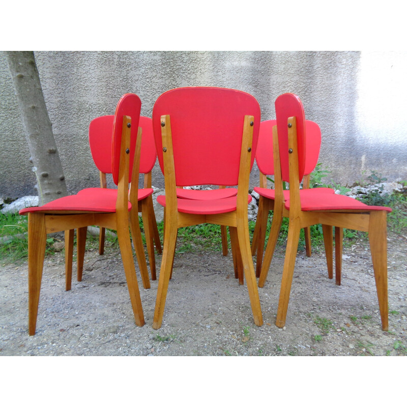 Set of 6 mid century chairs in red vinyl - 1950s