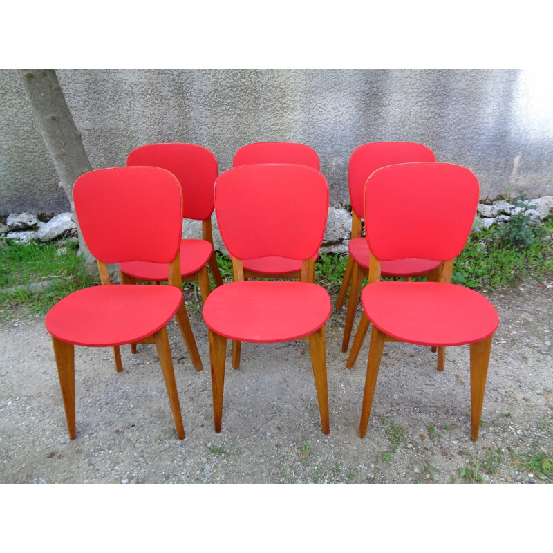 Set of 6 mid century chairs in red vinyl - 1950s