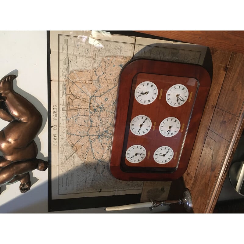 Vintage solid cherry wood time zone clock "Félix Monge