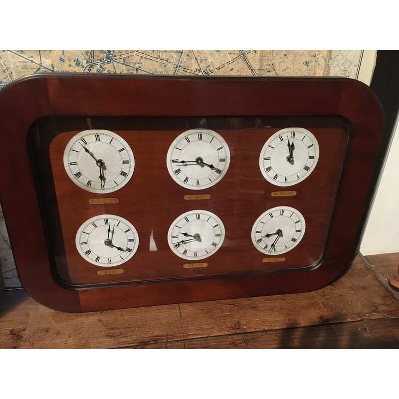 Orologio fuso orario d'epoca "Félix Monge" in legno massiccio di ciliegio
