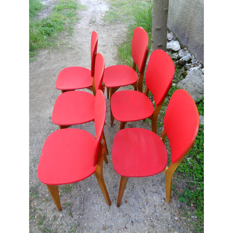 Lot de 6 chaises vintage en vinyle rouge - 1950