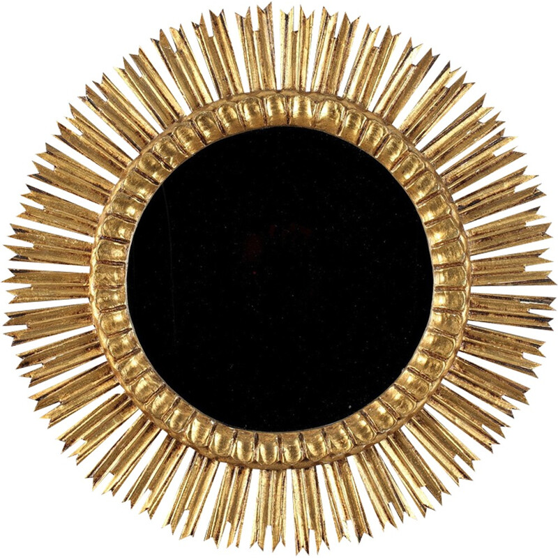 Sun - shaped mirror in golden wood - 1960s