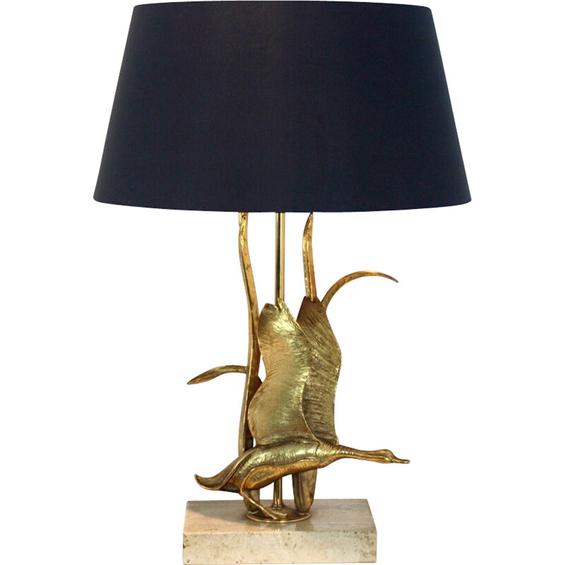 Escultura de metal dourado em travertino Wild Duck table lamp, Bélgica 1970s