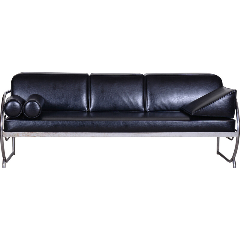 Vintage Bauhaus sofa in black leather and tubular chrome by Robert Slezák, Czechoslovakia 1930