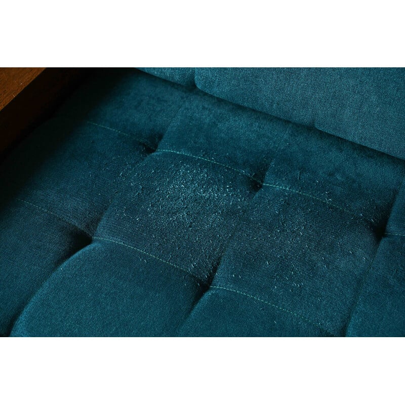 Canapé vintage "Florence knoll" en acier émaillé noir, tissu bleu pétrole et bois