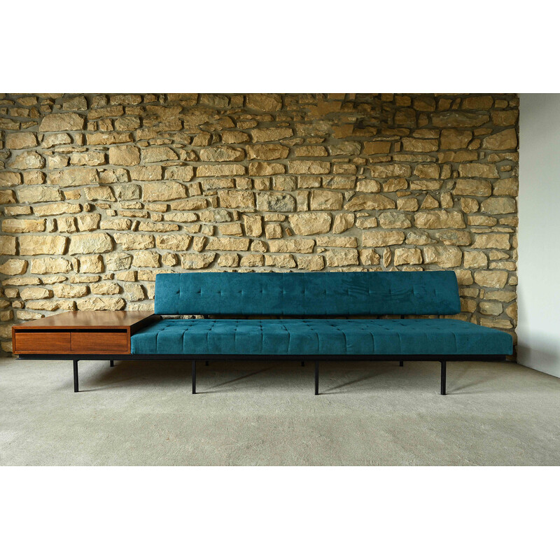 Divano vintage "Florence knoll" in acciaio smaltato nero, tessuto blu petrolio e legno