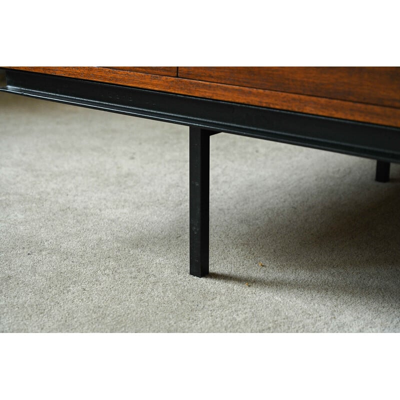 Canapé vintage "Florence knoll" en acier émaillé noir, tissu bleu pétrole et bois