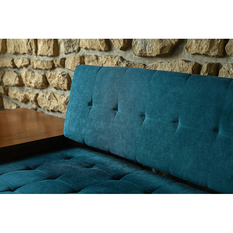 Sofá "Florence knoll" Vintage em aço esmaltado preto, tecido azul petróleo e madeira