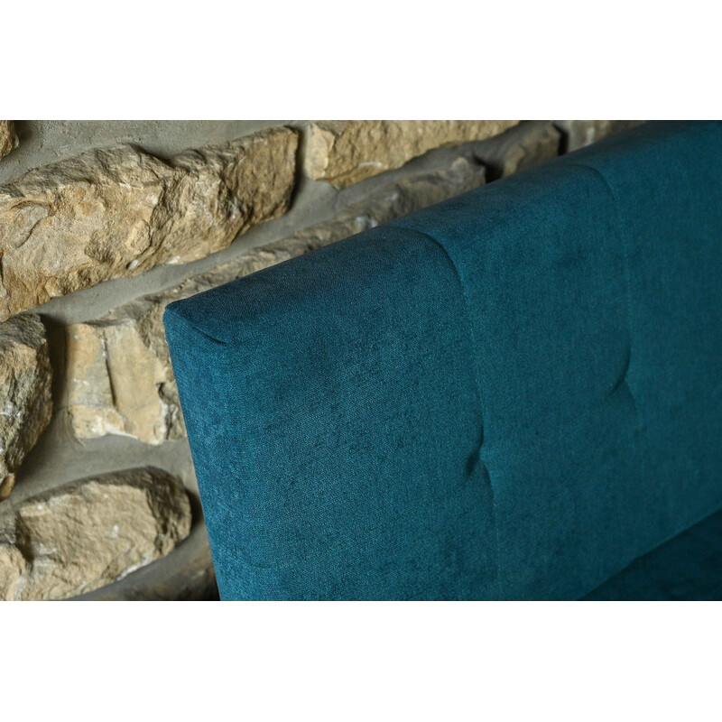 Sofá "Florence knoll" Vintage em aço esmaltado preto, tecido azul petróleo e madeira