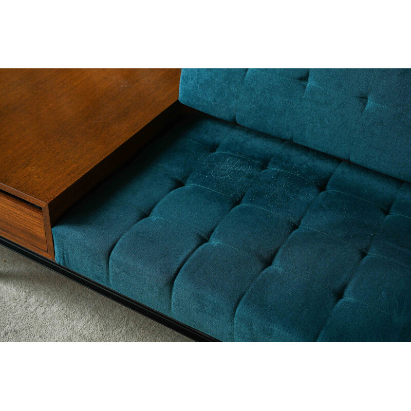 Canapé vintage "Florence knoll" en acier émaillé noir, tissu bleu pétrole et bois