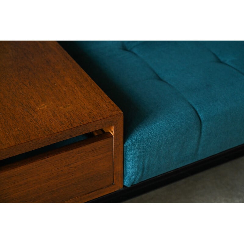 Sofá vintage "Florence knoll" de acero esmaltado negro, tela azul petróleo y madera