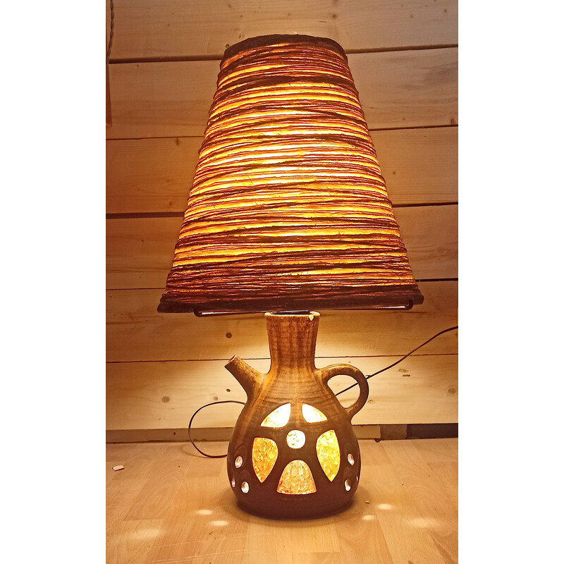 Lampada da tavolo vintage in ceramica e rafia di Georges Pelletier per Accolay, 1960-1970