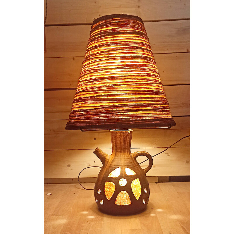 Vintage ceramic and raffia table lamp by Georges Pelletier for Accolay, 1960-1970