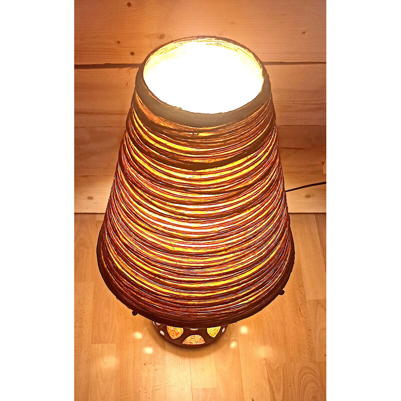 Lampe  de table vintage en céramique et raphia par Georges Pelletier pour Accolay, 1960-1970