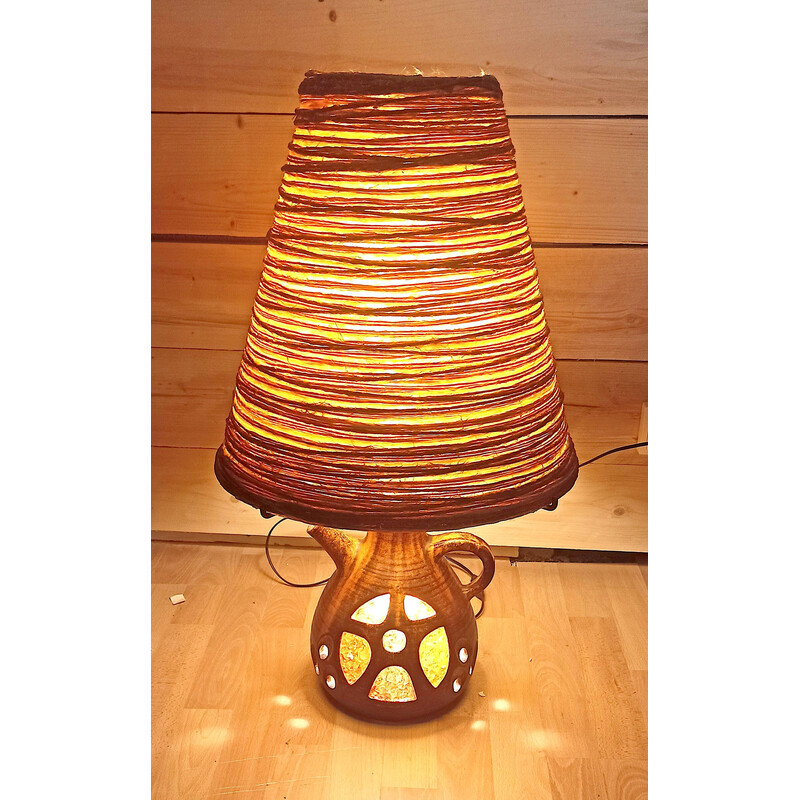 Vintage ceramic and raffia table lamp by Georges Pelletier for Accolay, 1960-1970