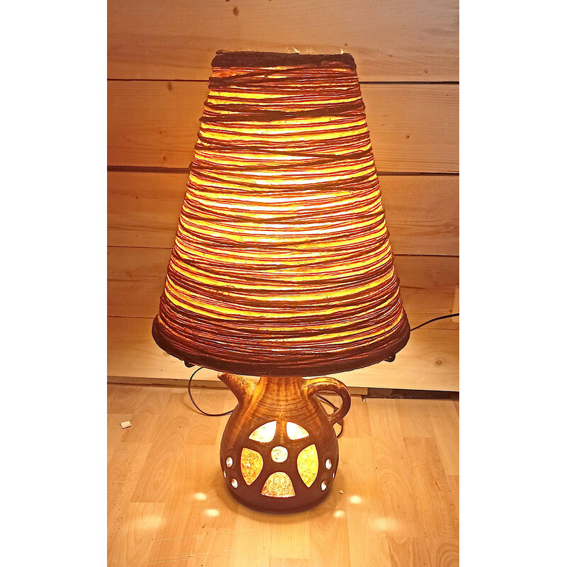 Vintage keramiek en raffia tafellamp van Georges Pelletier voor Accolay, 1960-1970