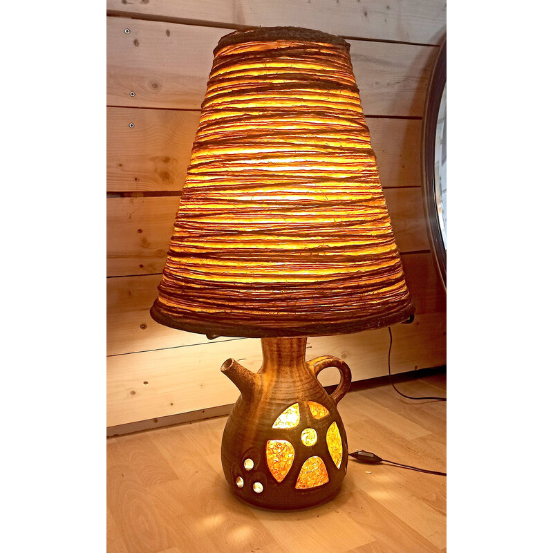 Vintage ceramic and raffia table lamp by Georges Pelletier for Accolay, 1960-1970