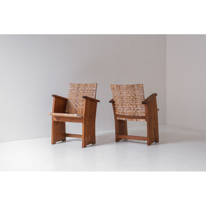 Pair of Art Deco vintage oakwood and cane armchairs, France 1940s