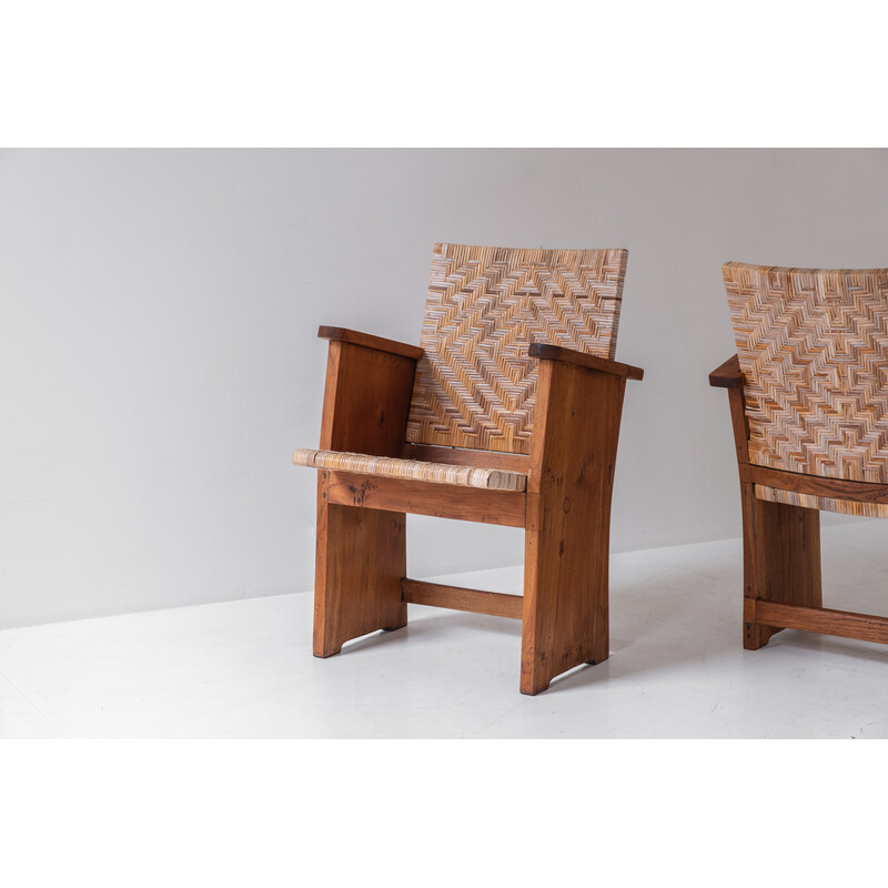 Paar Art Deco Sessel aus Eichenholz und Rohr, Frankreich 1940er Jahre