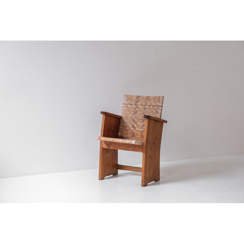 Pareja de sillones Art Decó vintage de madera de roble y caña, Francia años 40