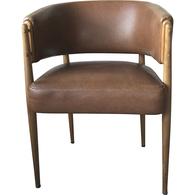 Fauteuil vintage en skaï marron, 1950