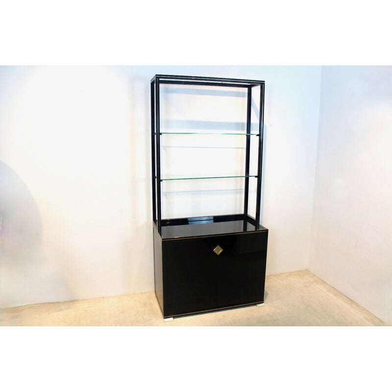 Vintage black lacquered French cabinet with shelving display by Pierre Vandel Paris