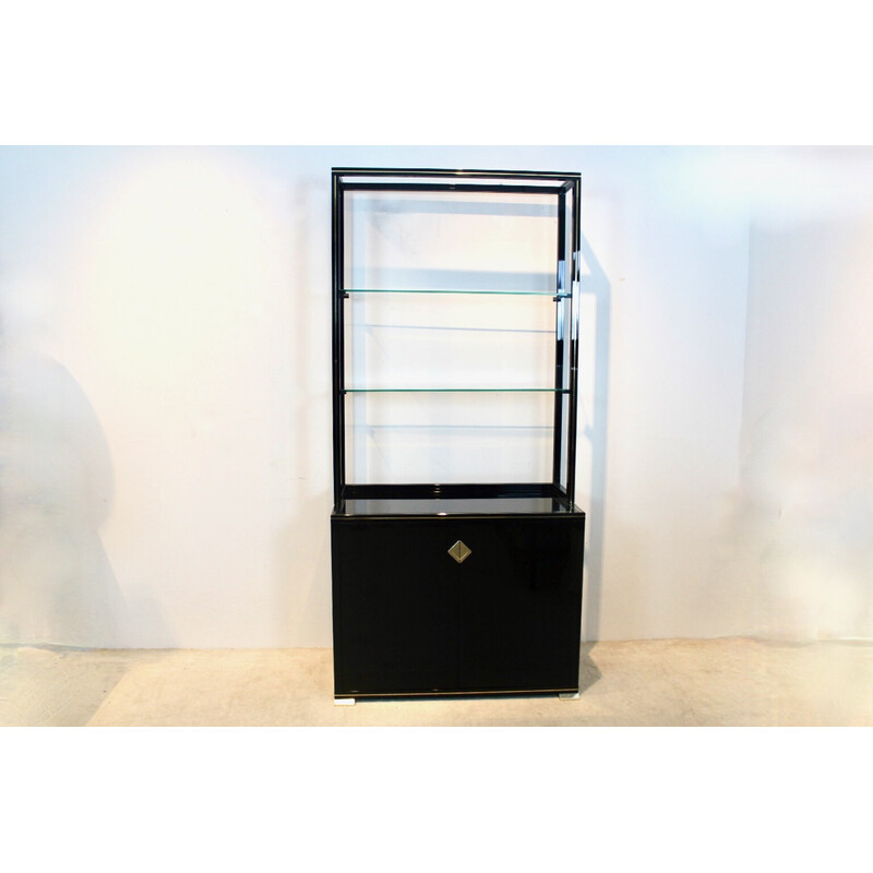 Vintage black lacquered French cabinet with shelving display by Pierre Vandel Paris