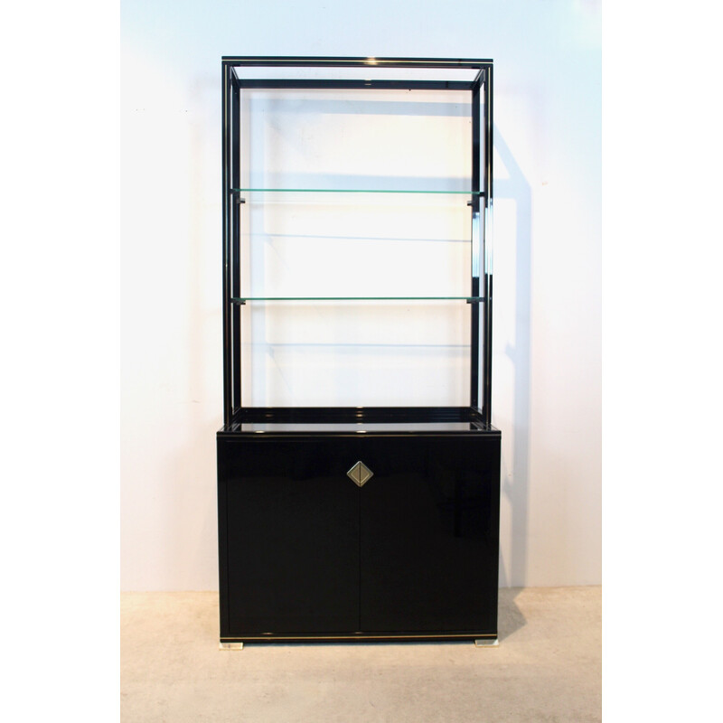 Vintage black lacquered French cabinet with shelving display by Pierre Vandel Paris