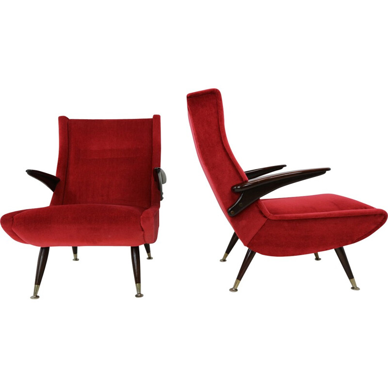 Set of 2 Italian mid-century red velvet armchairs - 1950s