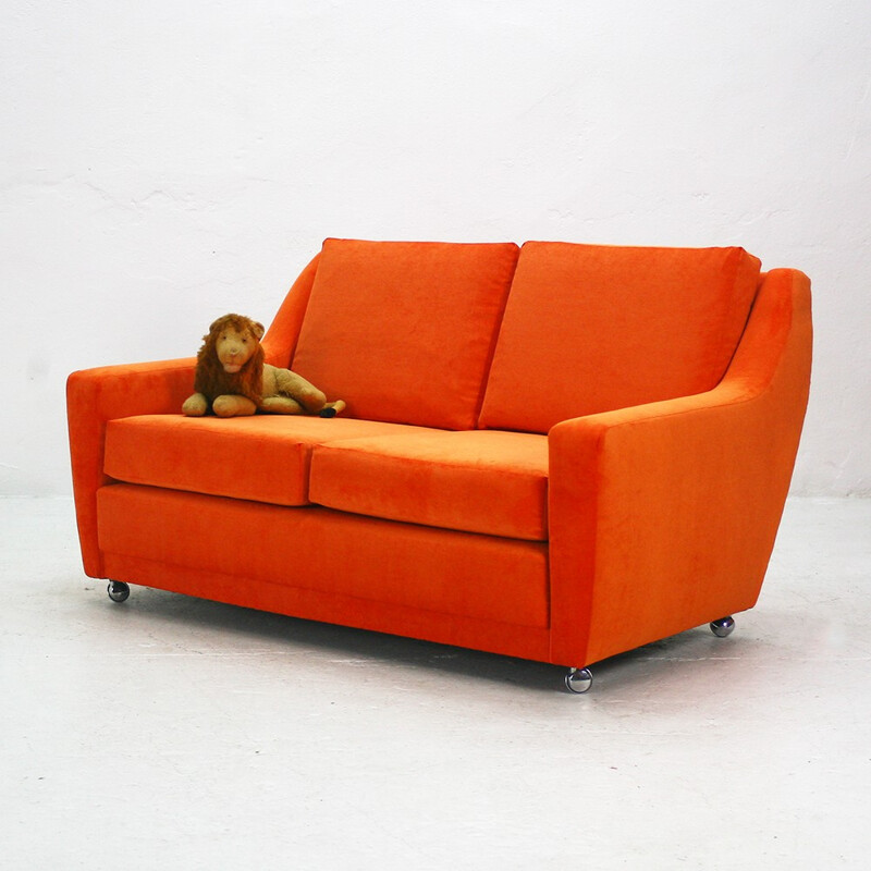 2 -seater reupholstered orange sofa - 1970s