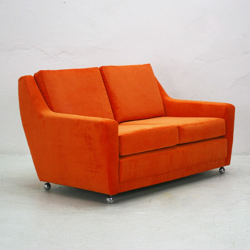 2 -seater reupholstered orange sofa - 1970s