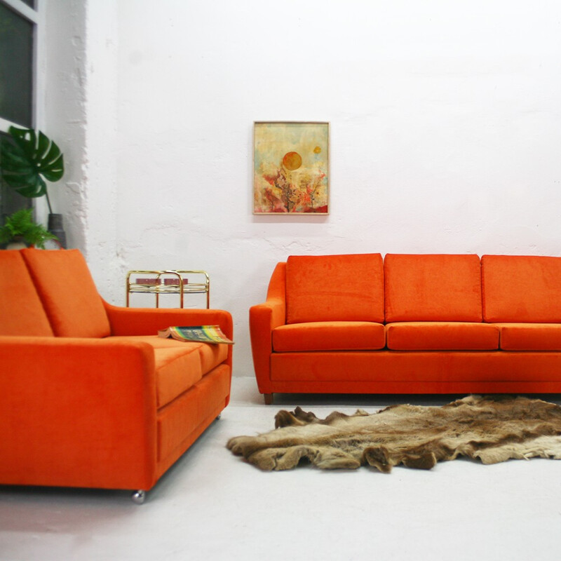 2 -seater reupholstered orange sofa - 1970s